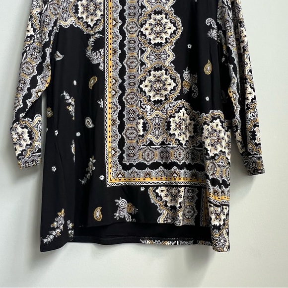 Chicos Womens Top V-neck 3/4 Sleeve Paisley Large Yellow Black Rayon Stretch - Picture 8 of 9